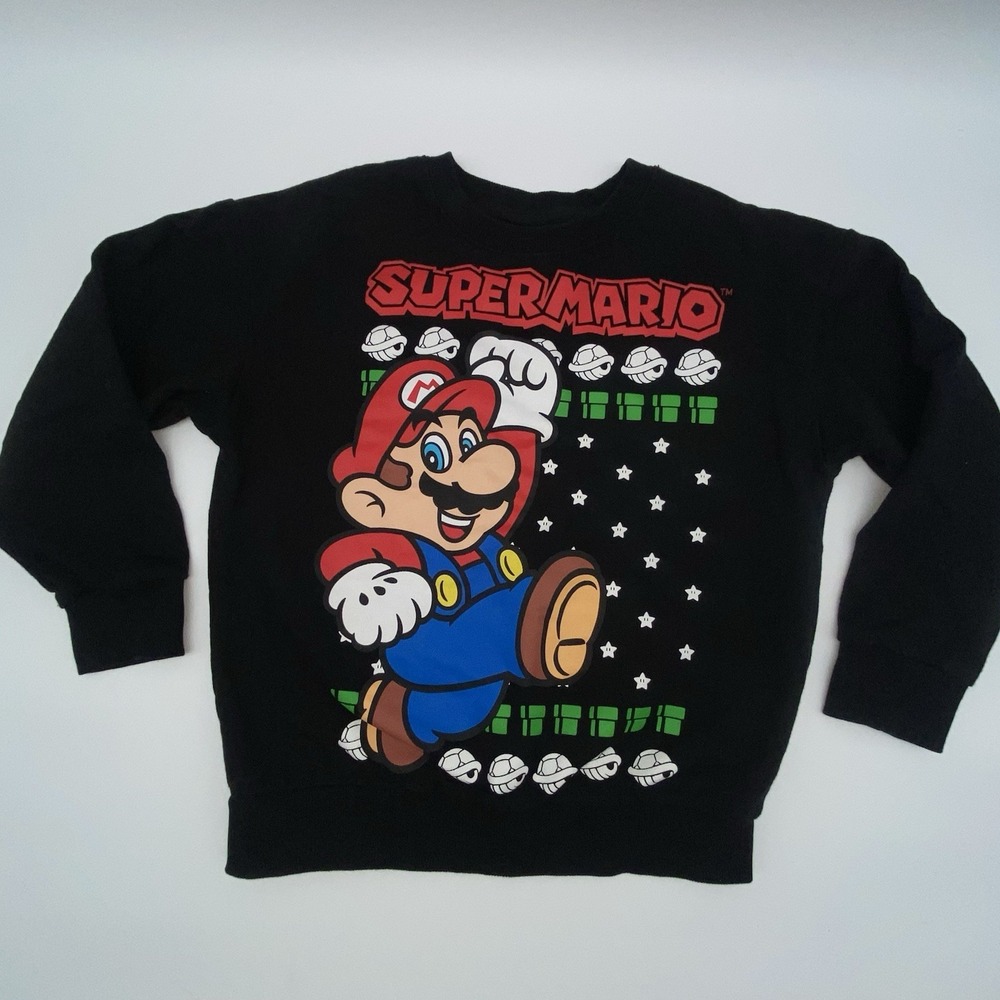 Super Mario Black Sweatshirt Fleece EUC Shirt Long Sleeve boys Size‎ 8